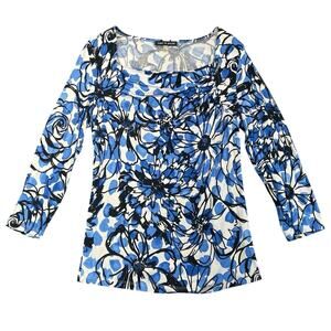 Cable & Gauge Blue Floral Ruched Draped Neckline Stretch Knit 3/4 Sleeve Top - L